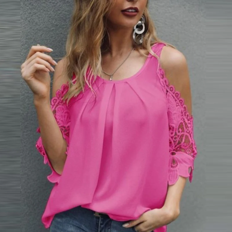 

2021 Summer Patchwork Women's T-shirt Lace Half Sleeve O-Neck Off Shoulder Female Blouse Solid Loose Fashion Casual Lady Top