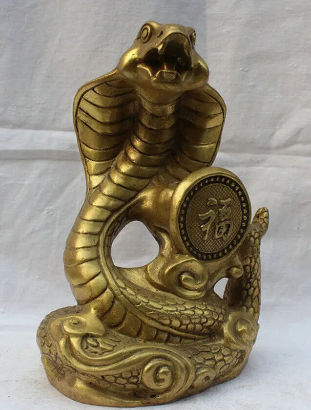 

Chinese Old Brass Folk Fengshui Fu Rich Wealth Zodiac Year Eye Snake Animal Statue Wealth Statue