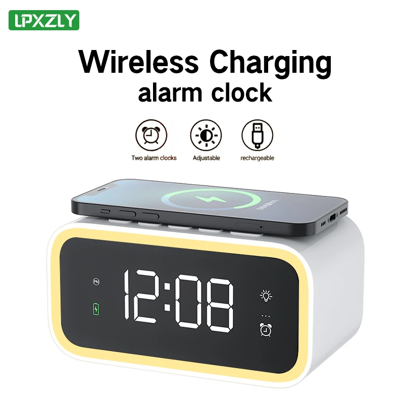 Cargador inal&aacute;mbrico Qi de 15W con despertador LED, estaci&oacute;n de carga r&aacute;pida USB para iPhone, Samsung, Xiaomi-0