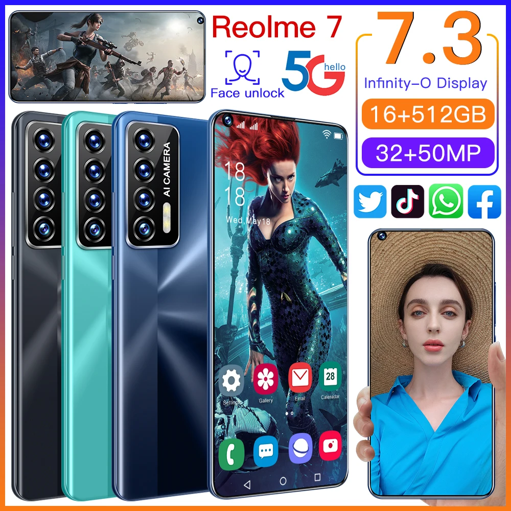 

New Global version Reolme7 Smartphone android Unlocked 16GB 512GB 7.3 inch mobile phones 5G 4G Cell phone telephone celulares