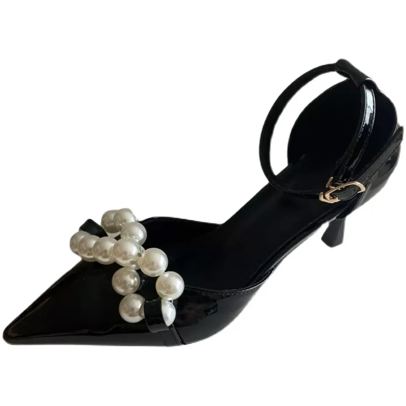 

LEOPARD LAND 2021 Summer Women's Shoes Fashion Pearl Bow Pump High Heels Pointed Toe Stiletto High Heel Women Sandals JXQ