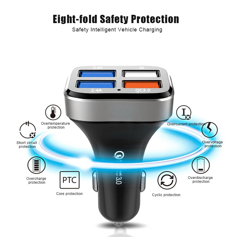 Автомобильное зарядное устройство Быстрая зарядка 4 usb-порта для смартфонов