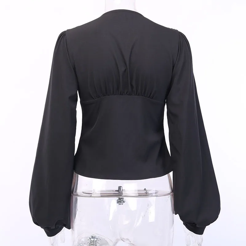 

QWEEK Elegant Blouse Women Streetwear Sexy Black Button Up Shirt Office Ladies Lantern Long Sleeve V Neck Shirt Blusas Fashion