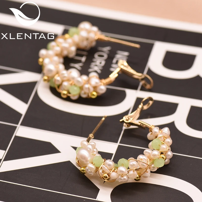 XlentAg натуральные белые маленькие жемчужные серьги-кольца с зеленым камнем для