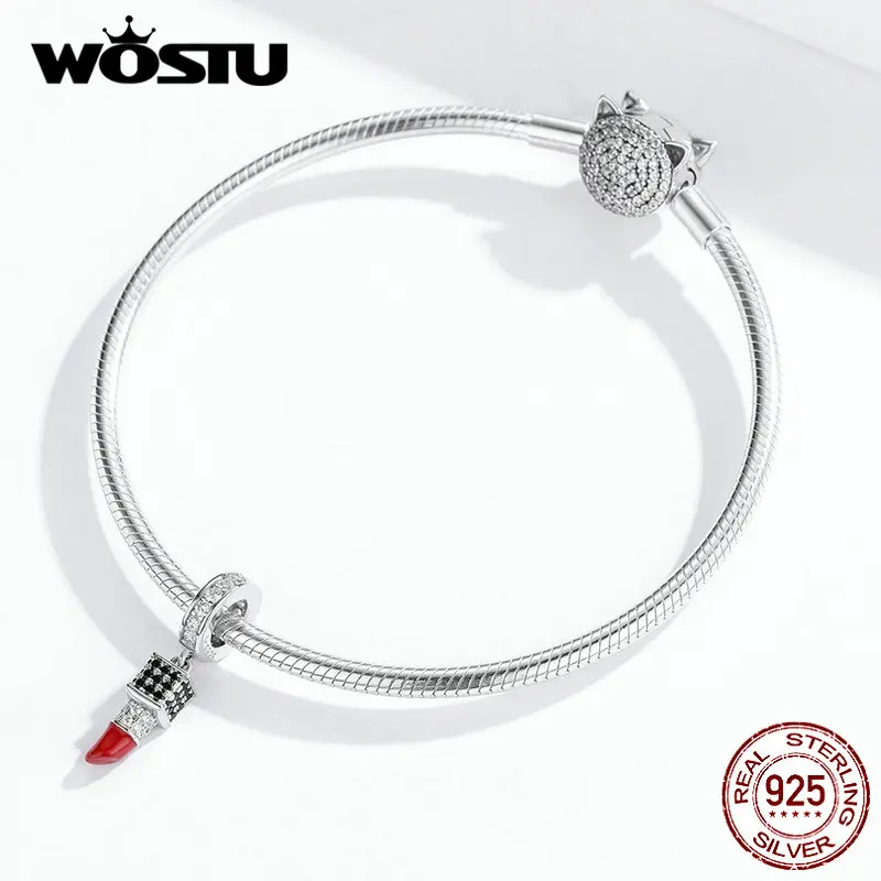 WOSTU 925 Sterling Silver Fashion Lipstick Charms Fit Original Bracelet Pendant Zircon Beads Wedding Party Jewelry Gift FIC1392 | Украшения