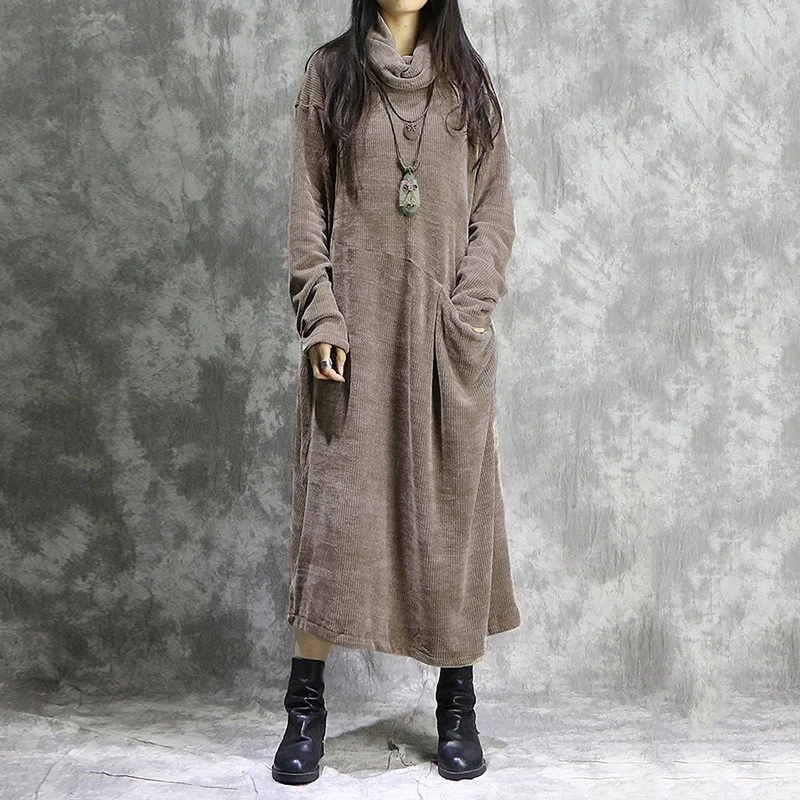 

Autumn Women Turtleneck Long Sleeve Corduroy Sundress ZANZEA Vintage Solid Long Dress Baggy Vestido Kaftan Dresses