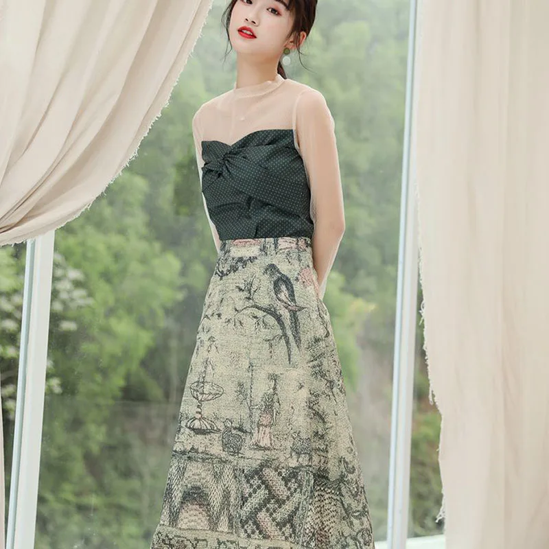 Summer Sweet 2 piece Set Women Short Vintage Green Mesh Patchwork Tops +Mid-length Slim Print Skirt 2020 New Fashion Office Sets | Женская