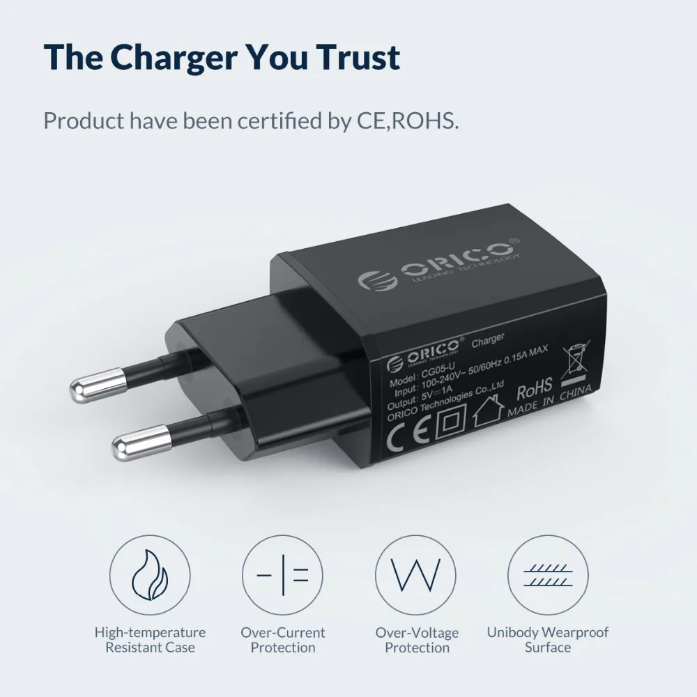 ORICO 5V1A 5V2A USB дорожное зарядное устройство, зарядное устройство для мобильного телефона, настенный адаптер с европейской вилкой для iPhone, samsung, Xiaomi, huawei