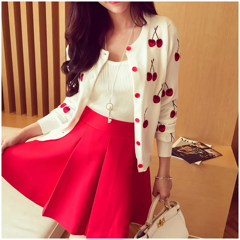 Женский вязаный кардиган с вышивкой вишни белый свитер длинным рукавом для весны