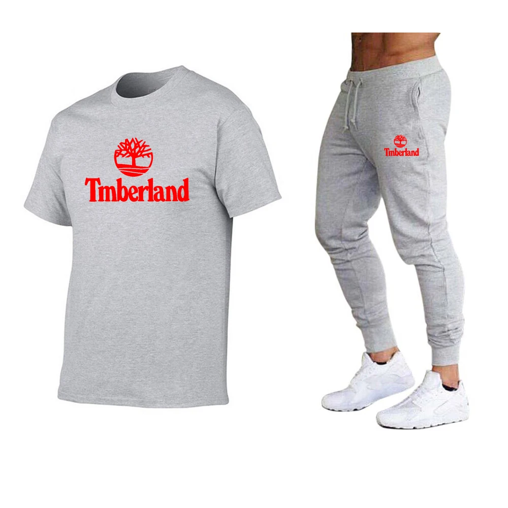 

2021 men's suit T-shirt + pants two-piece casual sportswear men's suit printed top pants gym fitness pants