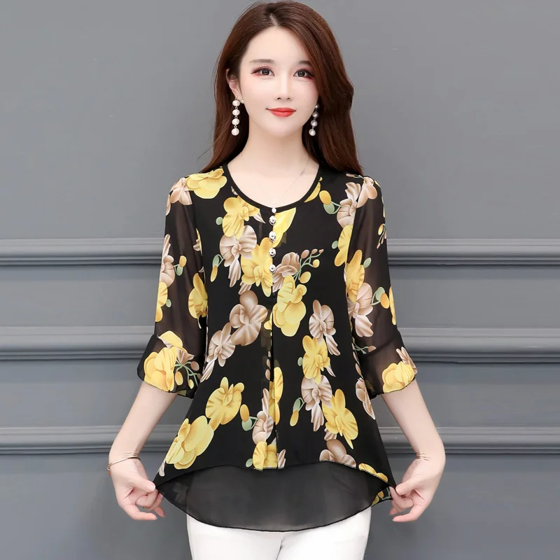 Yellow Blusas mujer de moda шифоновая блузка с цветочным принтом женские топы camisas mujer chemisier femme Женские топы и блузки - Цвет: Yellow