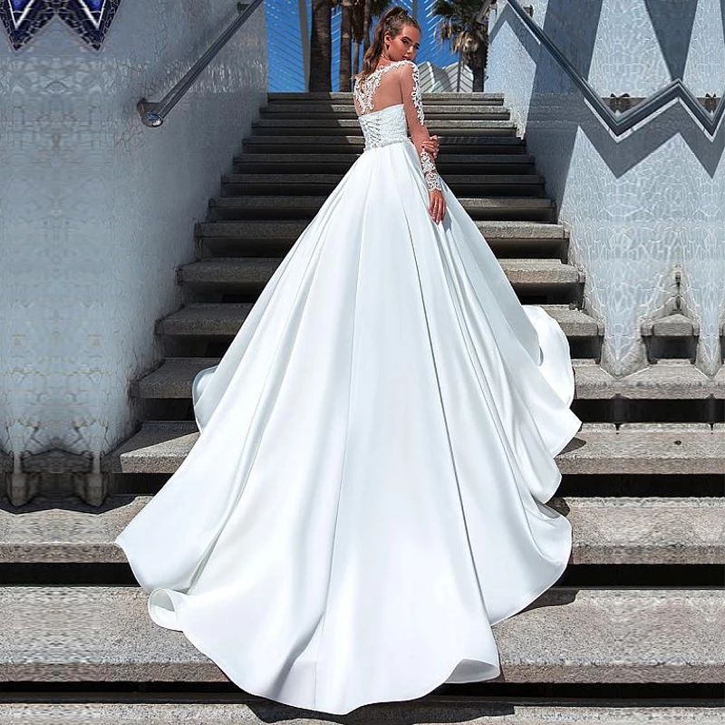 

Женское свадебное платье-трапеция с круглым вырезом и длинным рукавом