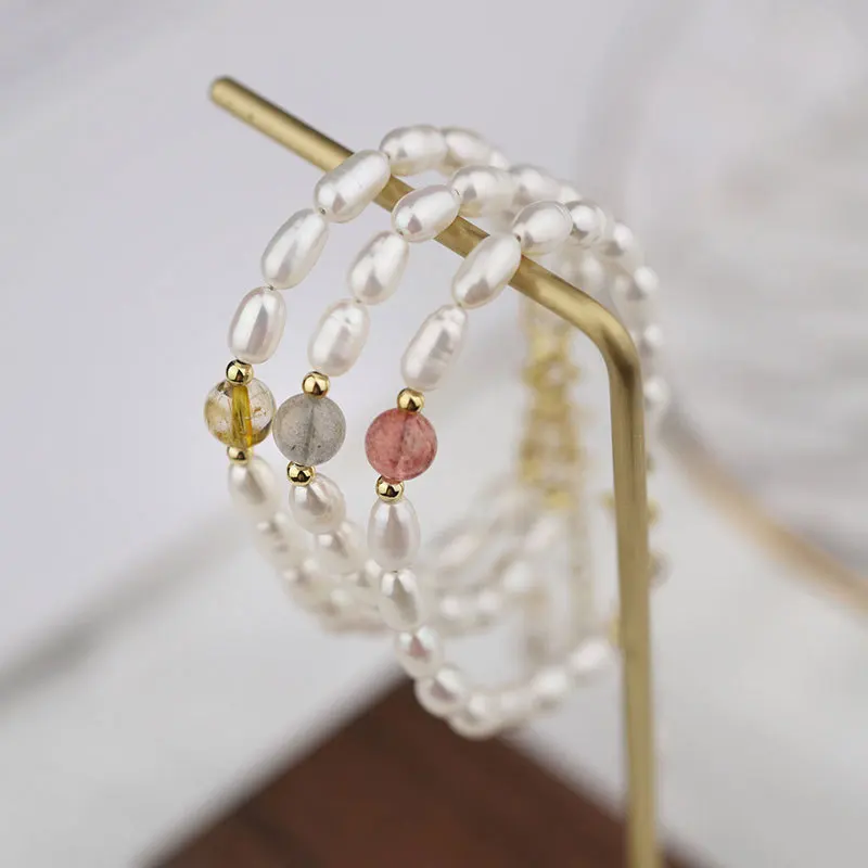 Leouerry Natural Freshwater Pearl Bracelet S925 Sterling Silver Simple Moonstone Strawberry Quartz Crystal Beads Bracelets | Украшения и