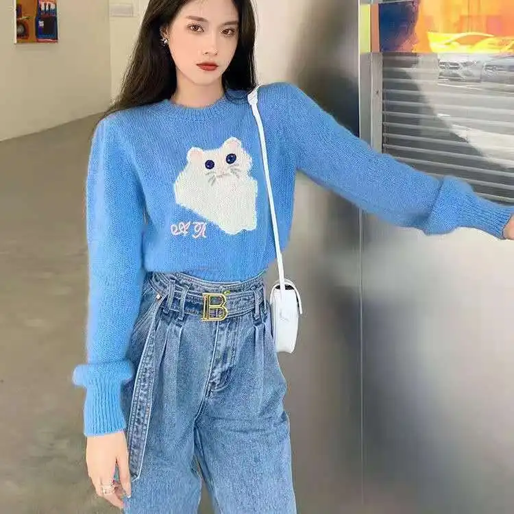 

Женский трикотажный свитер с круглым вырезом, Голубой Свитер свободного покроя с мультяшным котом, осень 2021