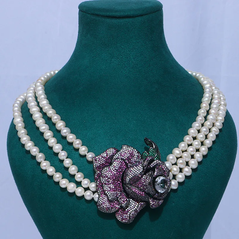 

Exaggerated Gun Black Rose Freshwater Pearl Three Layer Necklace 210326-06
