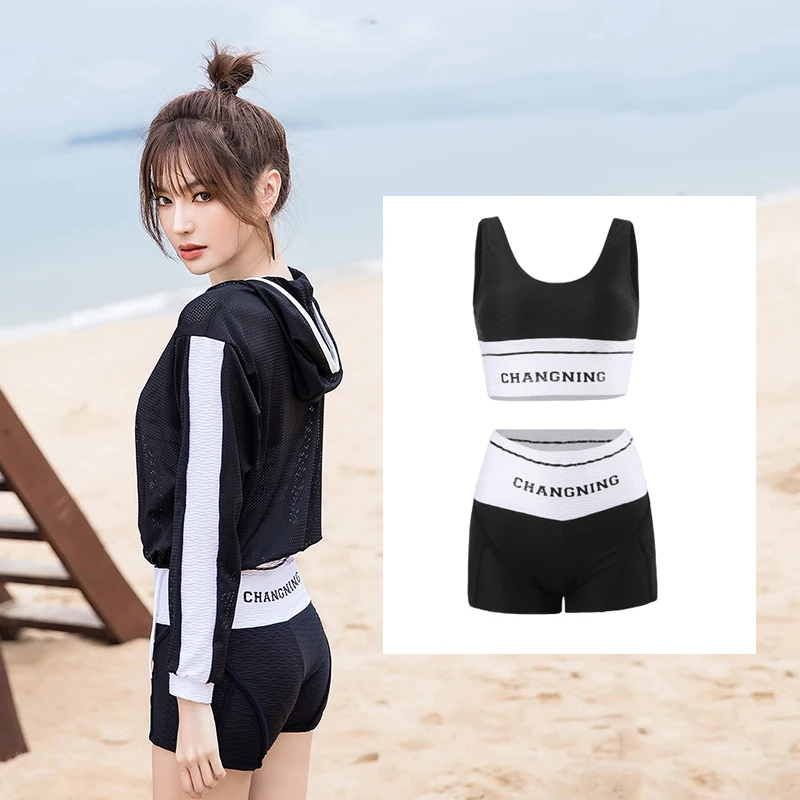

Swimwear Women 3 Piece Swimsuit Letter Print Patchwork Black Blue Long Sleeve Mesh Sport Bikini Set Vintage Bathing Suit Bikini