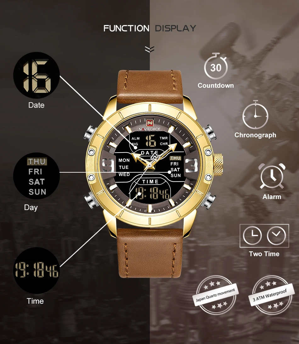 Часы naviforce Модные кварцевые мужские часы кожаные водонепроницаемые военные мужские s часы аналогово-Цифровые мужские часы Relogio Masculino