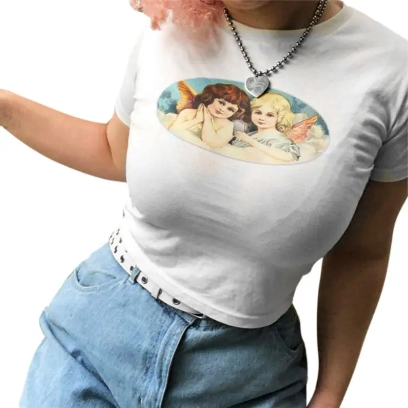 

Женская футболка с принтом ангела, сексуальный облегающий короткий топ с коротким рукавом, A0NF