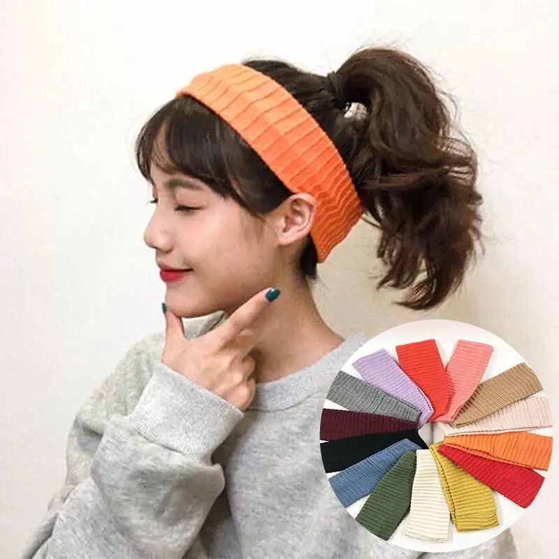 

Women Solid Color Wide Headband Turban Ribbed Knitted Hairband Elastic Hairbands For Ladies Flat knit Headwear Hair Accessories