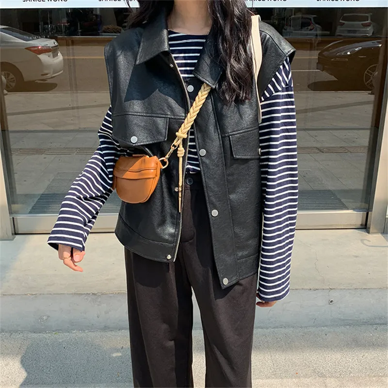 Женский жилет из искусственной кожи Sungtin черный Свободный без рукавов Осень-зима