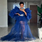 Ярко-голубые многоярусные вечерние платья, пикантные женские халаты для фотографий, женские эластичные вечерние платья с вырезом и рюшами на плечах
