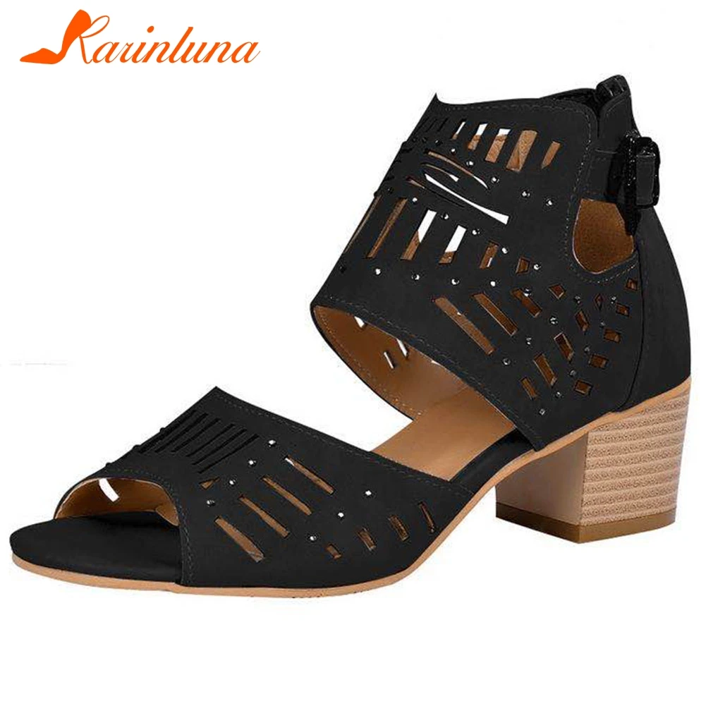 

KARINLUNA/женские летние сандалии в стиле ретро открытые туфли на высоком каблуке с ремешком на щиколотке, однотонные женские сандалии Летняя ж...