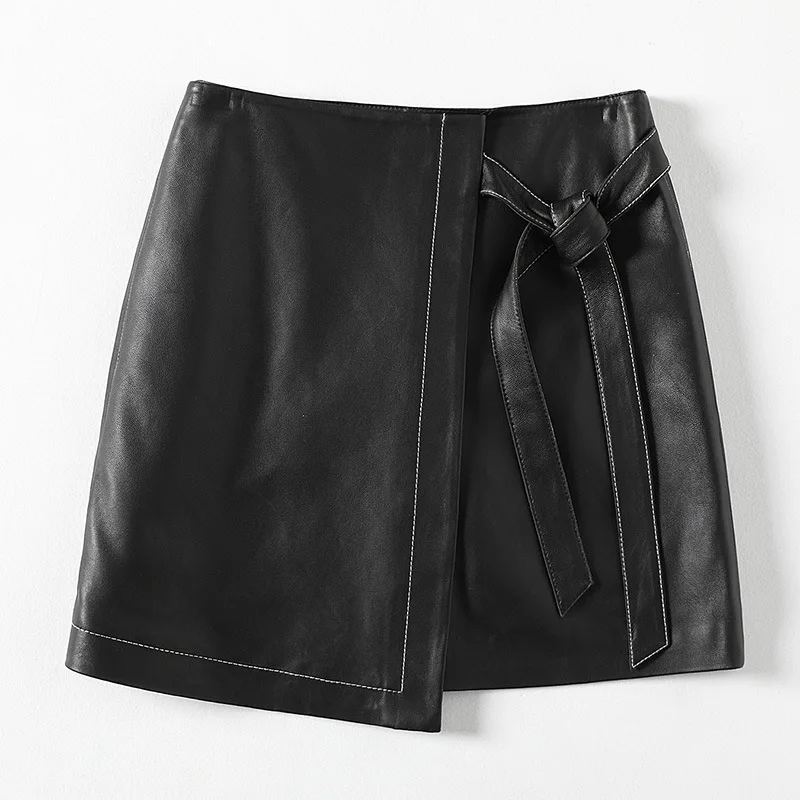 

Women Ladies Lace-up Real Sheepskin Mini Skirt Irregular Genuine Leather PencilSkirt Covers Hips With Belts M-XXL