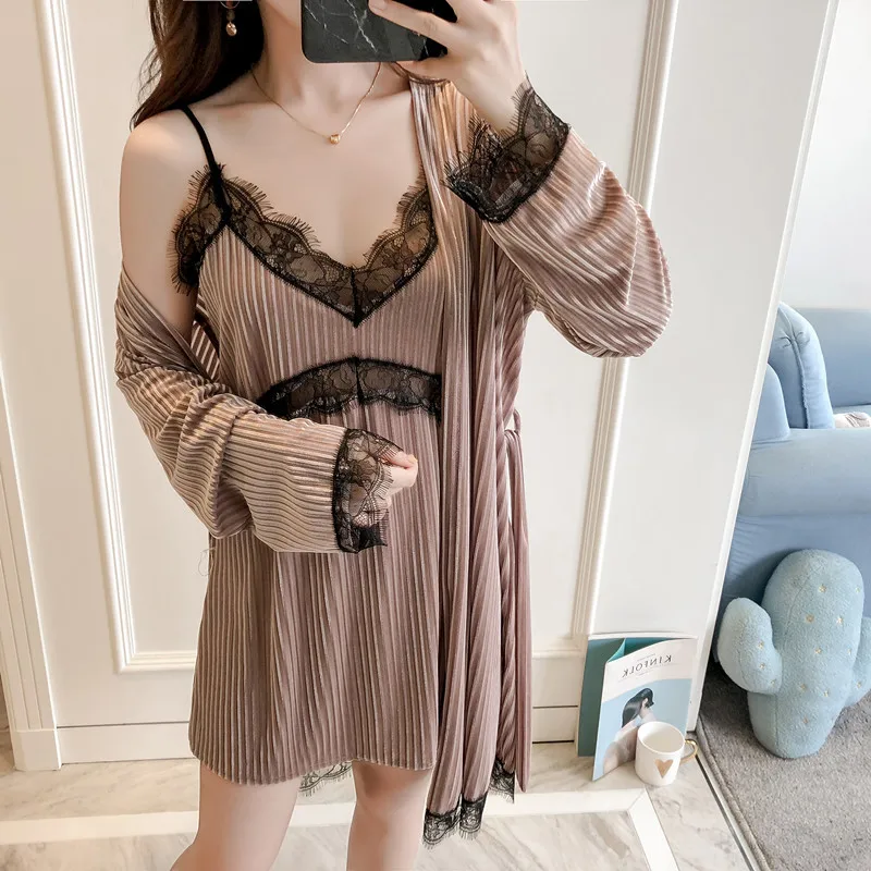 Женские зимние Бархатные теплые халаты кружевное сексуальное кимоно банный