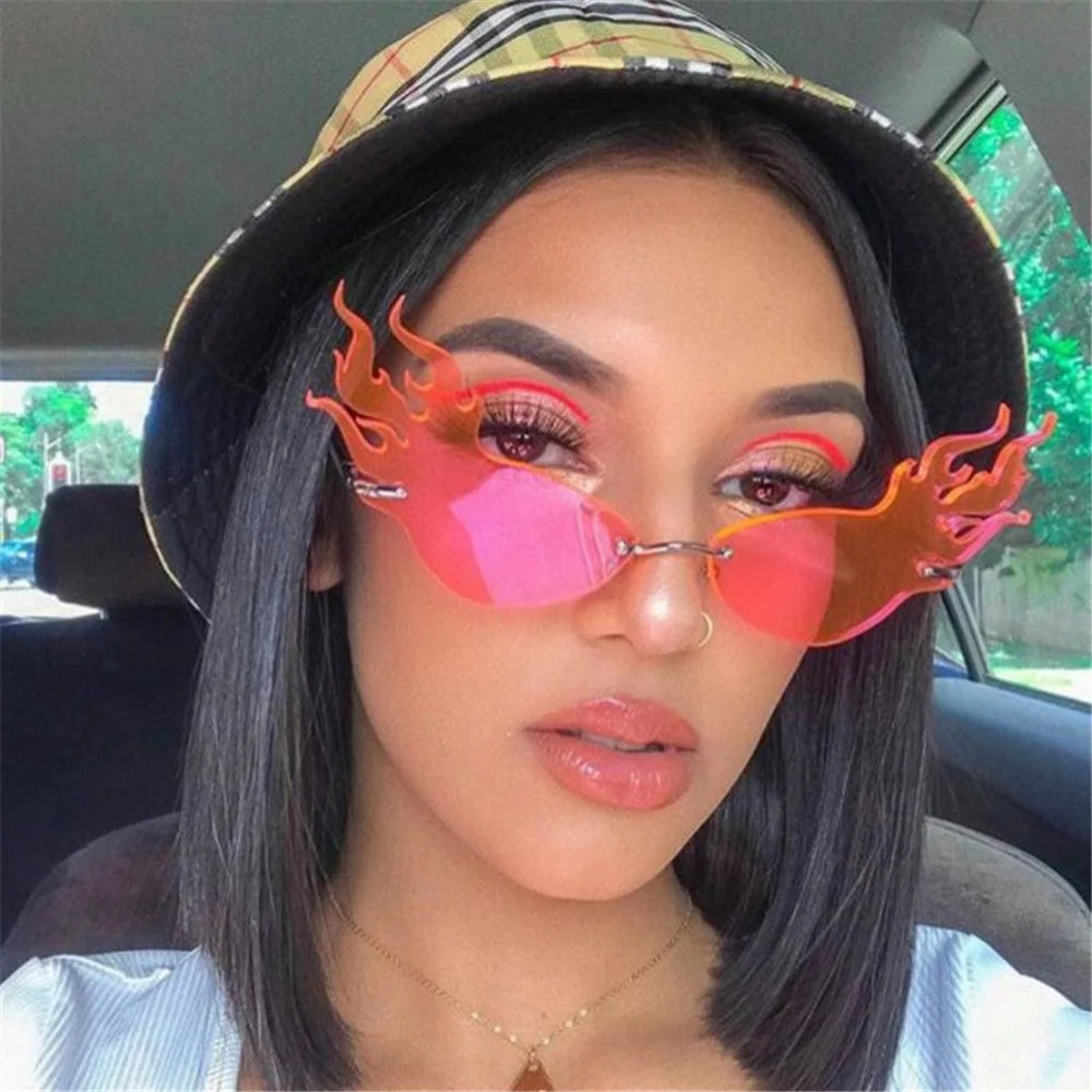 

Brand Design Fire Flame Rimless Sunglasses Fashion Women Cat Eye Sunglass Lady Luxury Sun Glasses UV400 Shades Oculos de sol