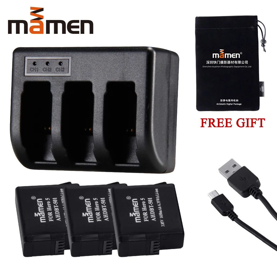 Mamen 3 шт 1650mAh Gopro 501 AHDBT-501 Аккумулятор для камеры+ 3 порта USB зарядное устройство для Gopro Hero 5 6 7 батарея для спортивной экшн-камеры