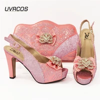 2021 new arrival italian design fashion crystal and metal decoration style pink color party ladies shoes and bag set elegant