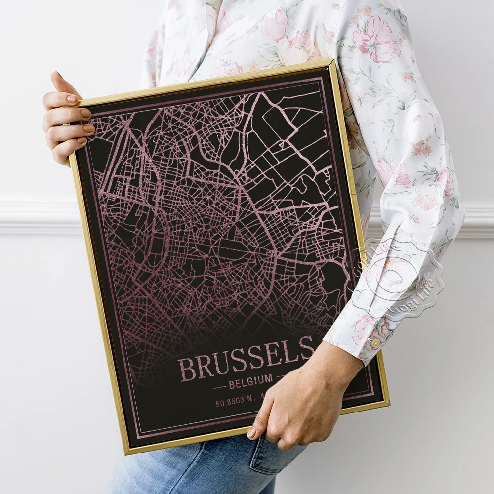 

World Tourist City Map Poster, Brussels Belgium Science Fiction Style Map Wall Picture, Personalized Dark Background Art Prints