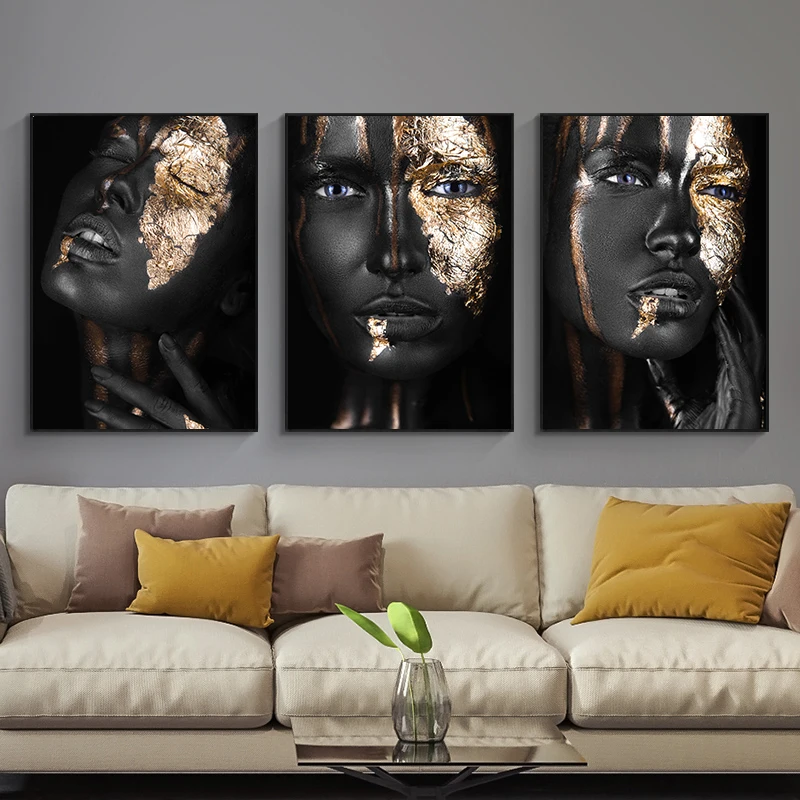 African Art Black and Gold Woman Canvas Painting Posters and Prints Scandinavian Wall Art Pictures for Living Room Home Decor