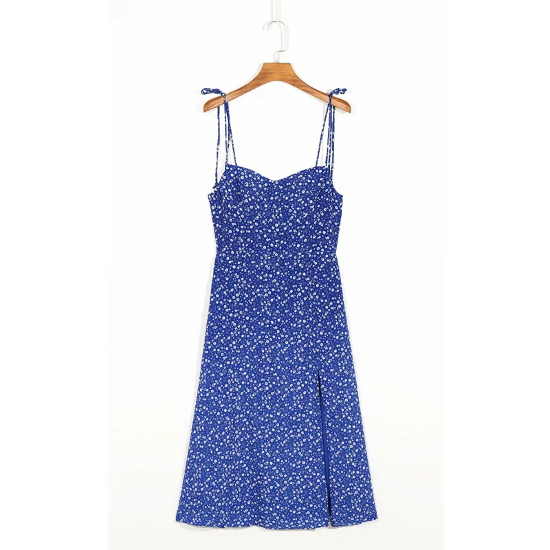 

Women Sexy Suspender Midi Dress Slim Spaghetti Strap Streetwea Blue Floral Print Dress Split Vestidos Holiday Breast Wrap Dress