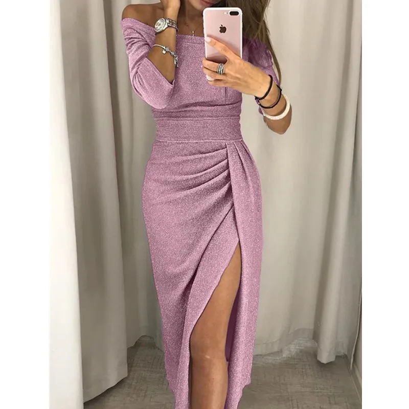 

Sexy Strapless Summer Dress Off Shoulder Glitter High Slit Midi Dress Robe Women Split Long Bodycon Dress Evening Party Vestido