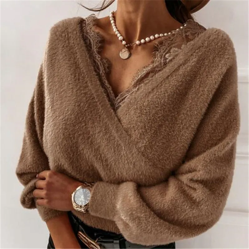 

2021 Autumn Sexy Slim Women Blouse Shirt Elegant Office Lady Ruffle Lace Splice Loose Pullover Tops Backless Long Sleeve Blusas