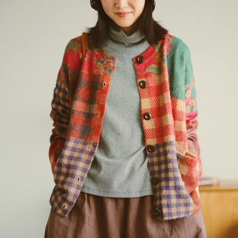 Johnature Women Print Floral Cardigan Sweaters Vintage Pockets Button 2019 Autumn New O-neck Knitted Cotton Loose Coat |