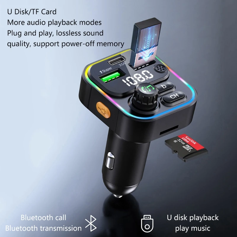 

KX4A Car Wireless MP3 Player FM Transmitter Stereo Receiver LED Display Fast Charging 7 Colors Support MP3/WMA/APE/FLAC/WAV