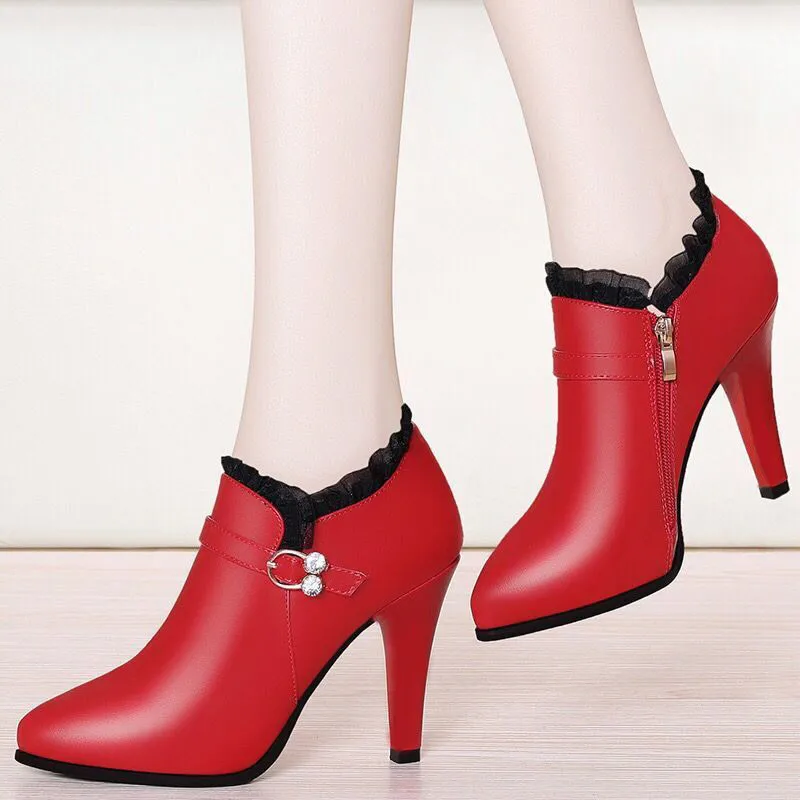 

2022 Winter Super High Heels Ankle Boots Women Dress Shoes Lace Pointed Toe Botas Mujer Rhinestone Booties Gladiator Black Fall
