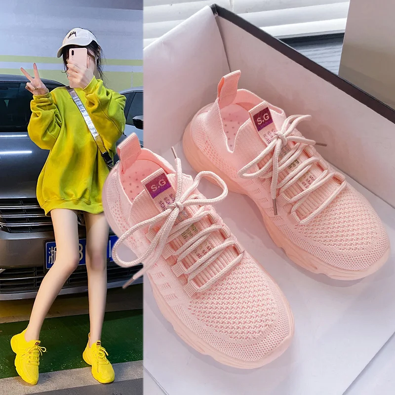

2021 New Summer Women Sneakers Girl Breathable Air Knit Hollow Out Fashion Color Casual Sport Shoes Fitness Trainers