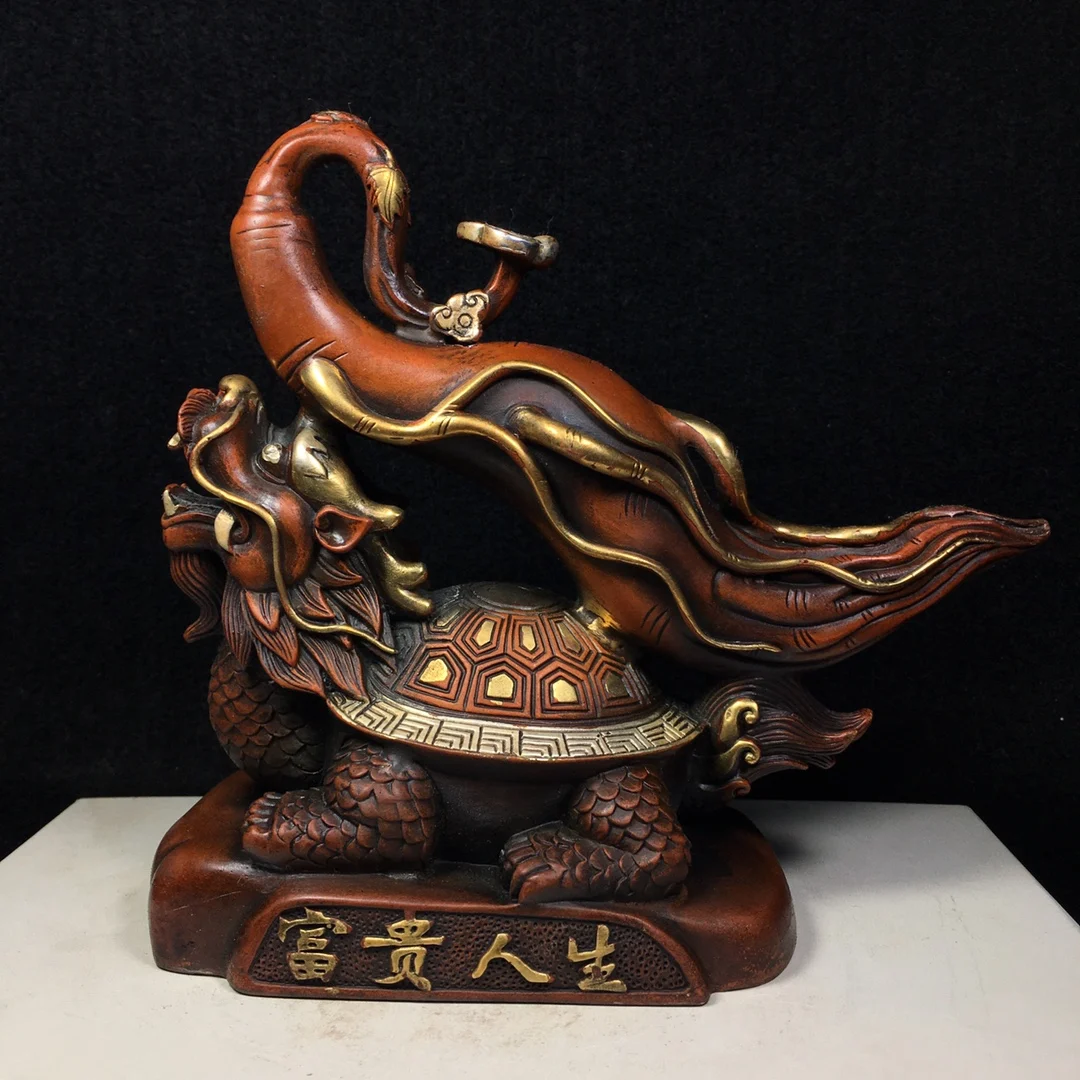 

8" Tibet Buddhism Old Bronze Gilt Real gold Dragon turtle statue Back Ginseng Implication Rich life Town House Exorcism