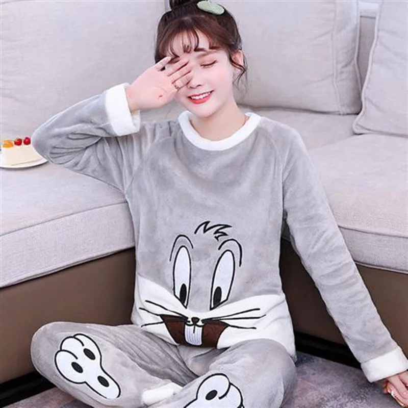 

Cartoon Sleepwear Set Women's Flannel Winter Pajamas Set Sexy Hot Women Pajama Set 2Piece/Suit Long Coat Pant Homewear Big Size