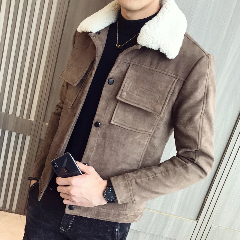 

2019 new winter warmth enthusiast cotton-lined suede leather jacket faux fur collar hood men's overcoats extra-thick coats