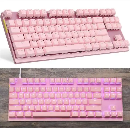 PINK Механическая клавиатура фоновая подсветка RGB светодиодный проводной компьютерная игровая клавиатура, синие/красные переключатели, 87 клавиш N-Key rolover(черный и розовый - Цвет: PINK