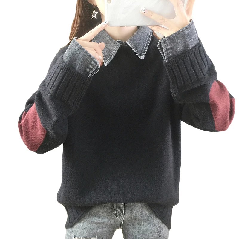 

2020 winter women's fake two-piece knitted sweater solid Turn-down Collar thick Office Lady Pullovers blue black khaki white