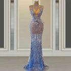 Кружевное Вечернее Платье-русалка, с высоким воротом, с бисером, с открытыми плечами, длинное арабское платье для выпускного вечера