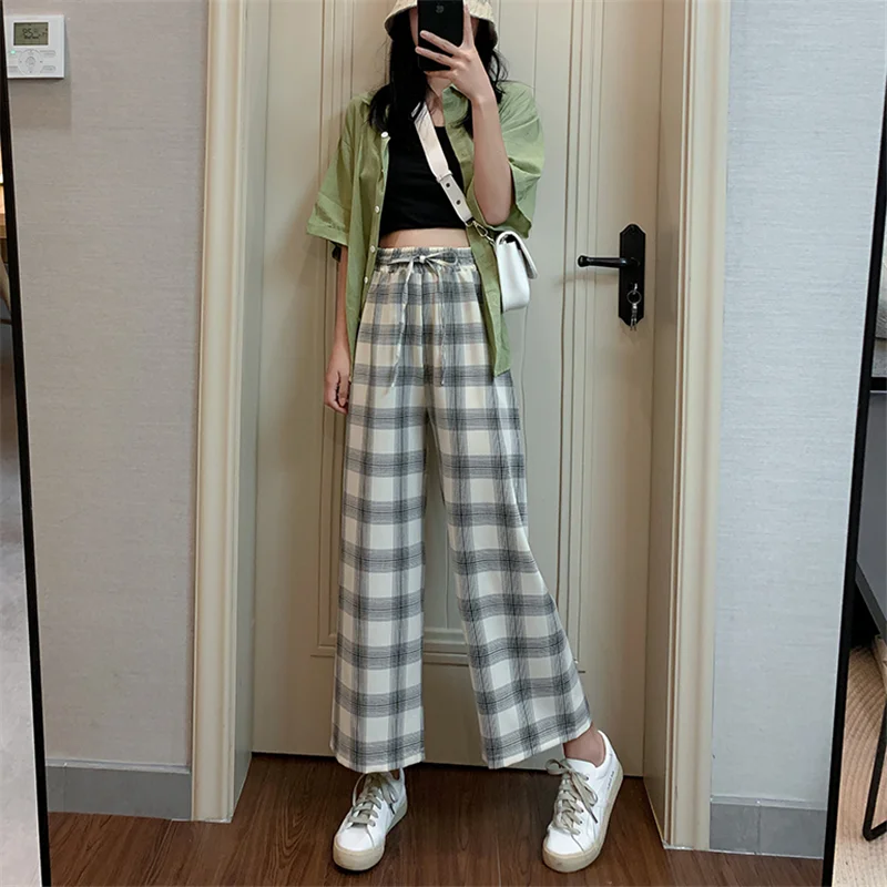 

Plaid pants elastic waist pants female high street plus size wide leg Pants Casual female korean trousers women hip hop pants