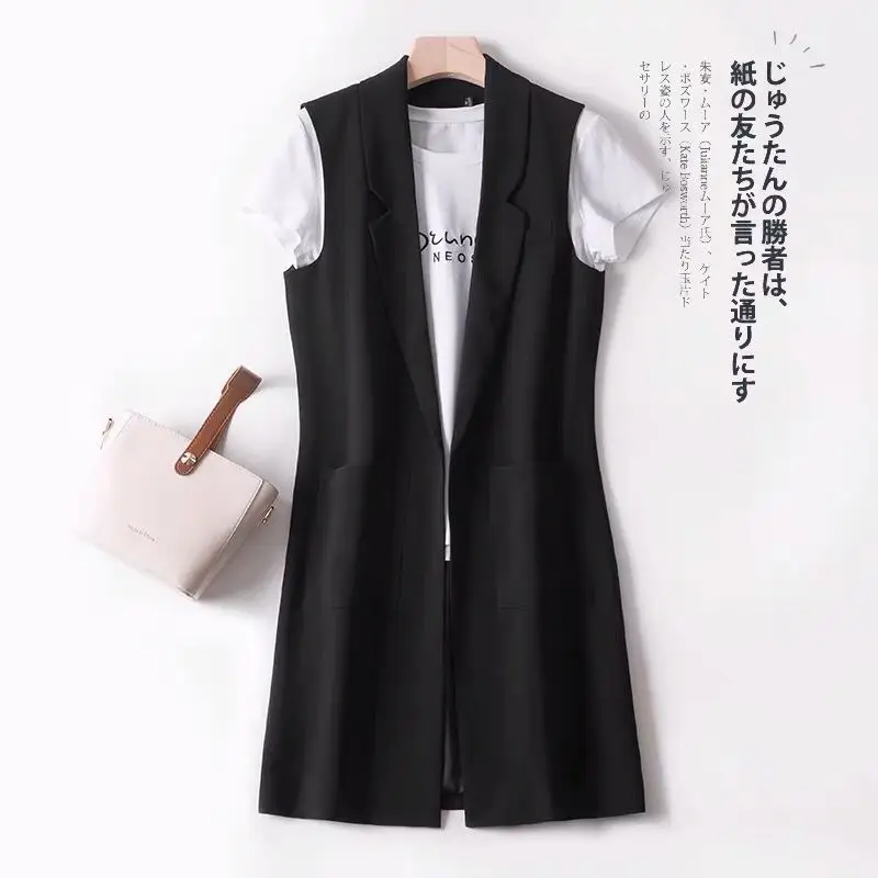 

2021 Women Spring Autumn Elegant Long Blazer Vest Lady Solid Notched Sleeveless Vest Female Causal Loose Waistcoat I372