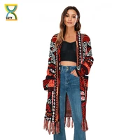 cgyy 2021 fashion red color spring autumn long sleeve knitted boho plaid cardigan women open front sweaters with fringe tassel