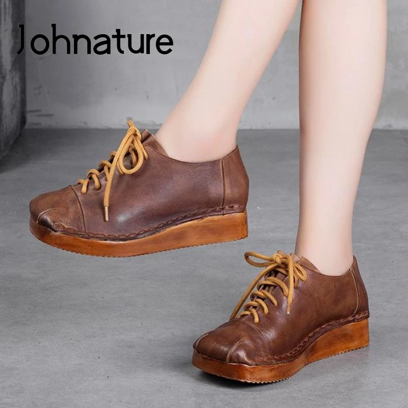 Женские туфли из натуральной кожи Johnature лодочки в стиле ретро с круглым носком на